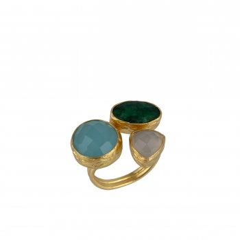 Ring aus Messing, vergoldet, Aquach.,Chalcedon, Smaragd